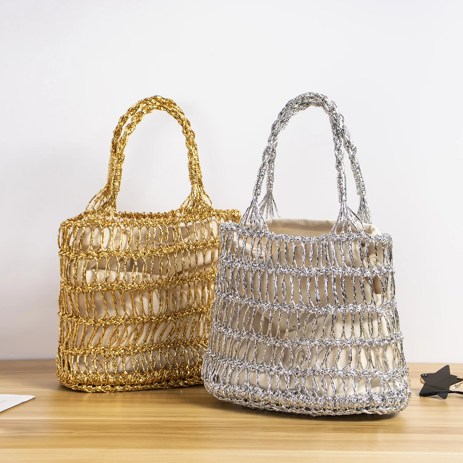 

Women Trendy Gold Silver Crocheted Hollow Bags Stylish Drawstring Woven Tote Bag Holiday Summer Beach Portable Straw Handbag