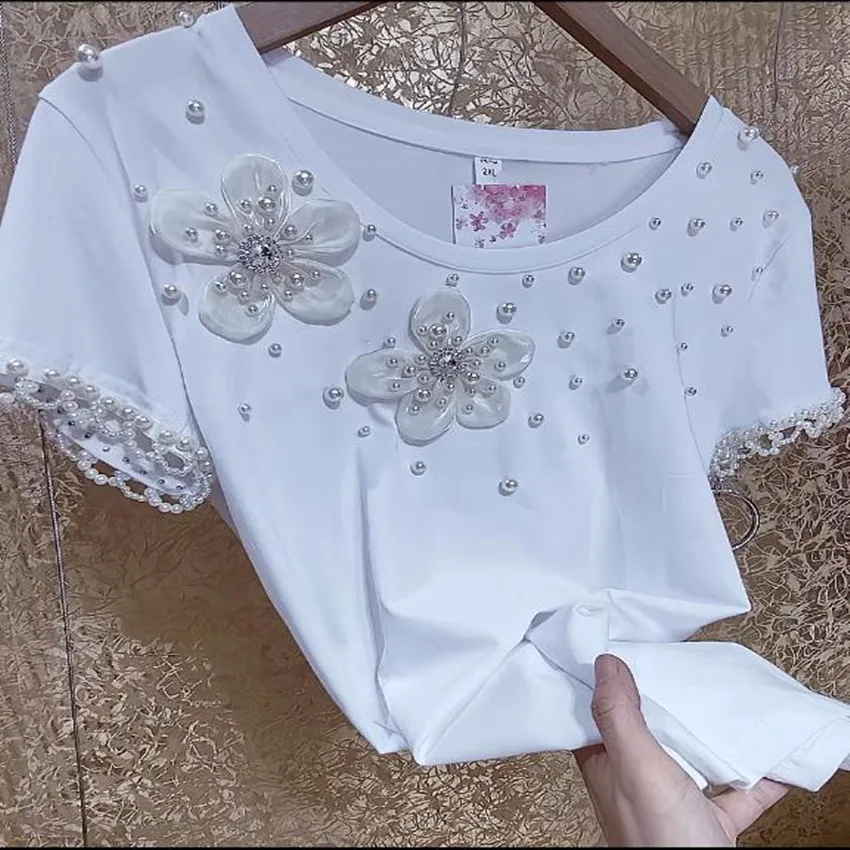 

Fashion Summer Beading Tassel T-shirt Women Cotton Short Sleeve Tops Tees Plus Size 6XL