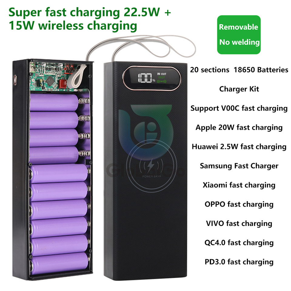 20*18650 Detachable Power Bank Case 22.5W PD QC3.0 Quick Wireless Charging DIY Shell With LED Lighting 18650 Battery Storage Box