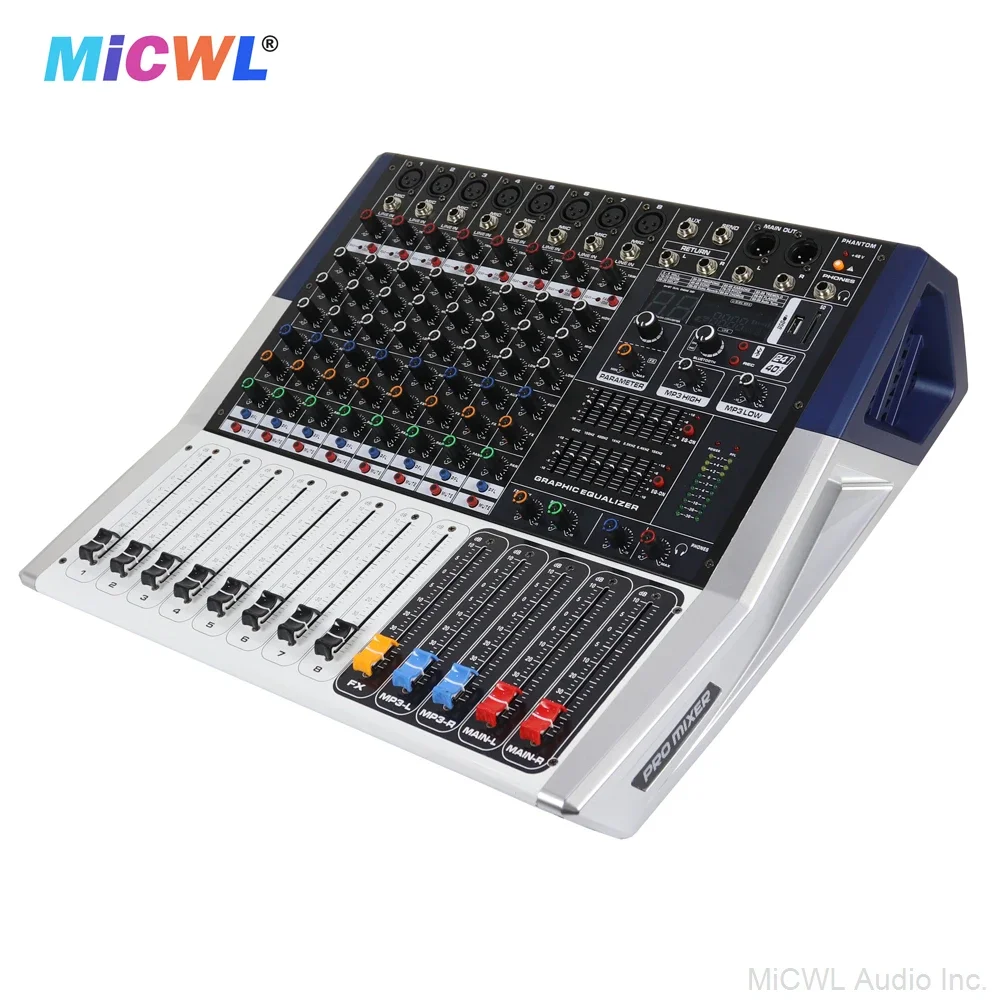 최고급 1000W 파워 믹서 앰프 8채널 사운드 믹싱 콘솔 48V 블루투스 무선 마이크 입력 MiCWL PH08-1000W