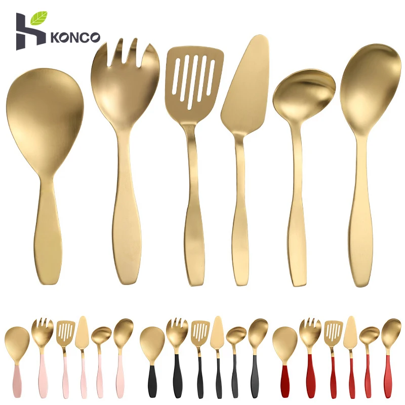 

Gold Salad Spoon Fork Set 6Pcs Stainless Steel Cutlery Dinnerware Set Buffet Catering Serving Colander Tableware Silverware Set