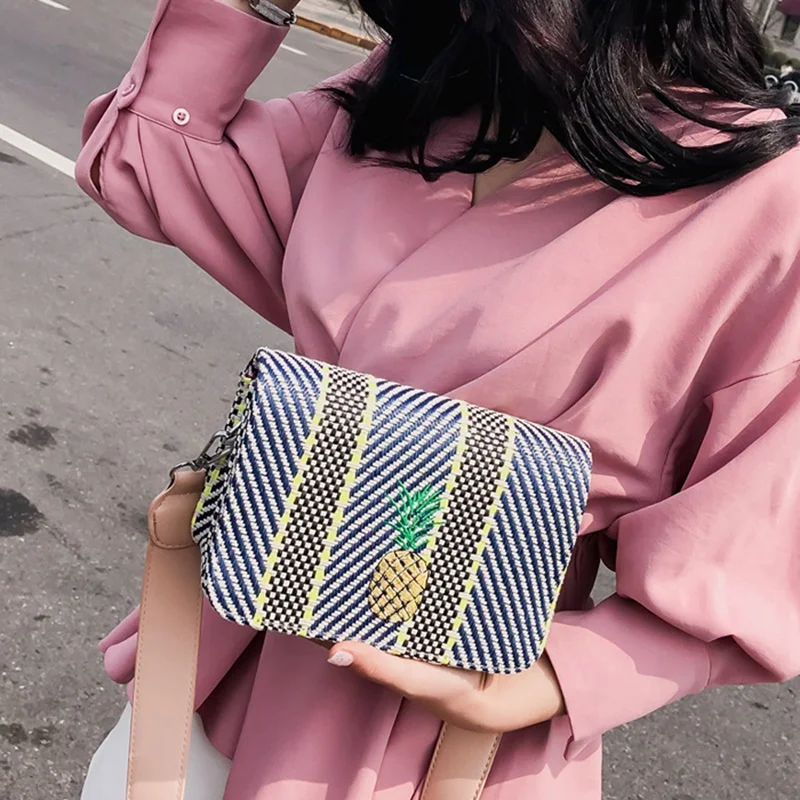 2023 Summer New Women Crossbody Bags Korean Style Striped Straw Bag Vintage Embroidery Pineapple Smallholuder Messenger Flap Bag