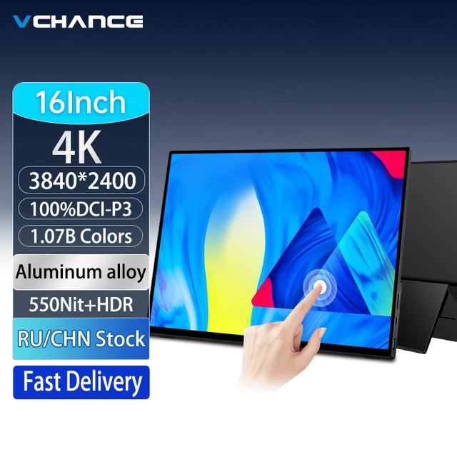 VCHANCE-Monitor portátil 4K UHD de 16 pulgadas, pantalla táctil de 100%  DCI-P3, HDR