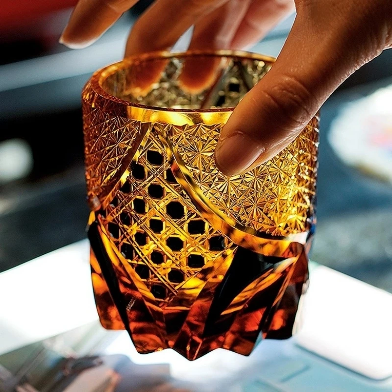 Japanese Black Warrior Armor Edo Kiriko Whisky Rock Glass Amber Crystals Whiskey Cup High-end Wine Glass Hand Cut Brandy Snifter