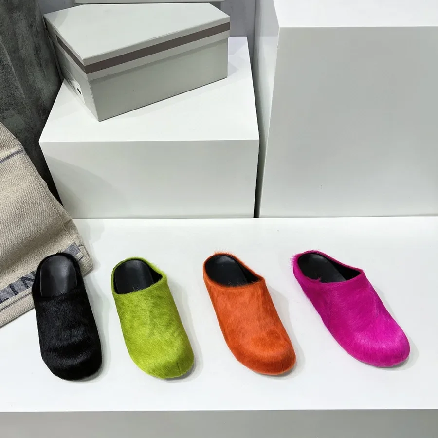 

Sabot calf-hair slippers slip-on mule haircalf round toe flats Genuine Leather Slippers Women's Flat Horse Hair Shoes sandals