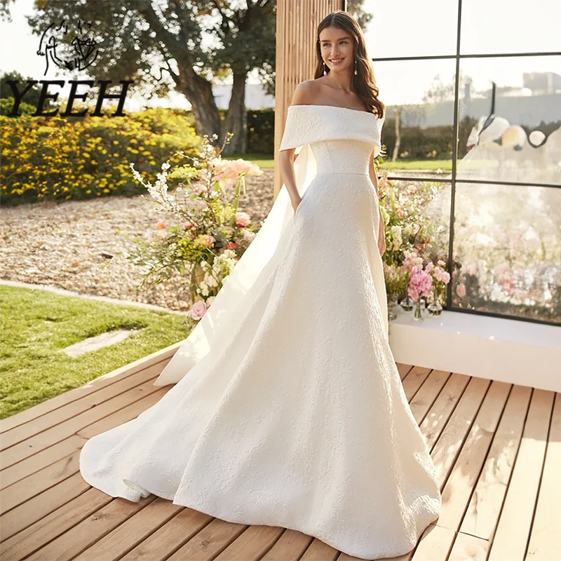 

YEEH Strapless Wedding Dress Elegant Lace Detachable Off-shoulder Bridal Gown with Pocket Court Train Vestido De Noiva for Bride