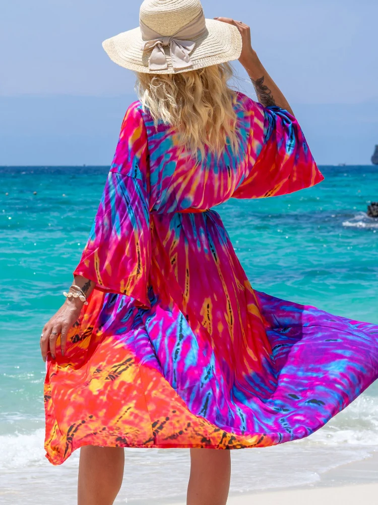 Colorful Cover-up Beach Kimono Beach Tunic Bikini Cover up Rayon Over size Kaftan Pareos Tunic for Beach Women Beach Shirt Dress