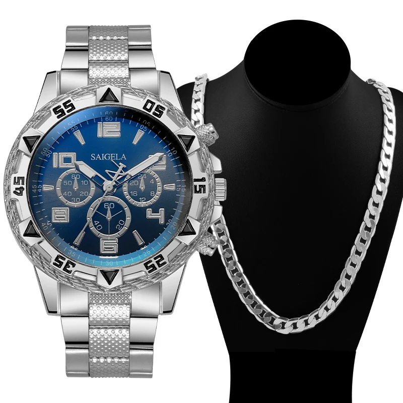 2PCs/Set Men's Watch Necklace Set Men's Fashion Quartz Watch Round Hip Hop Style Men's Watch Men's Gift