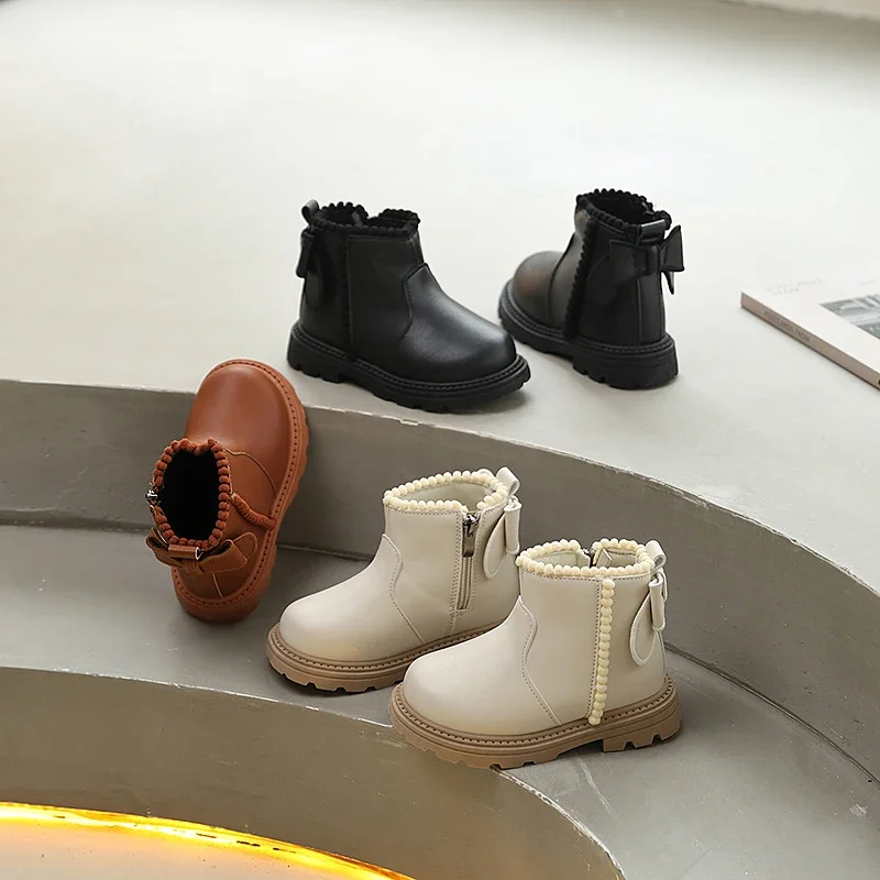 Girls Leather Ankle Boots with Bowknot for Kids