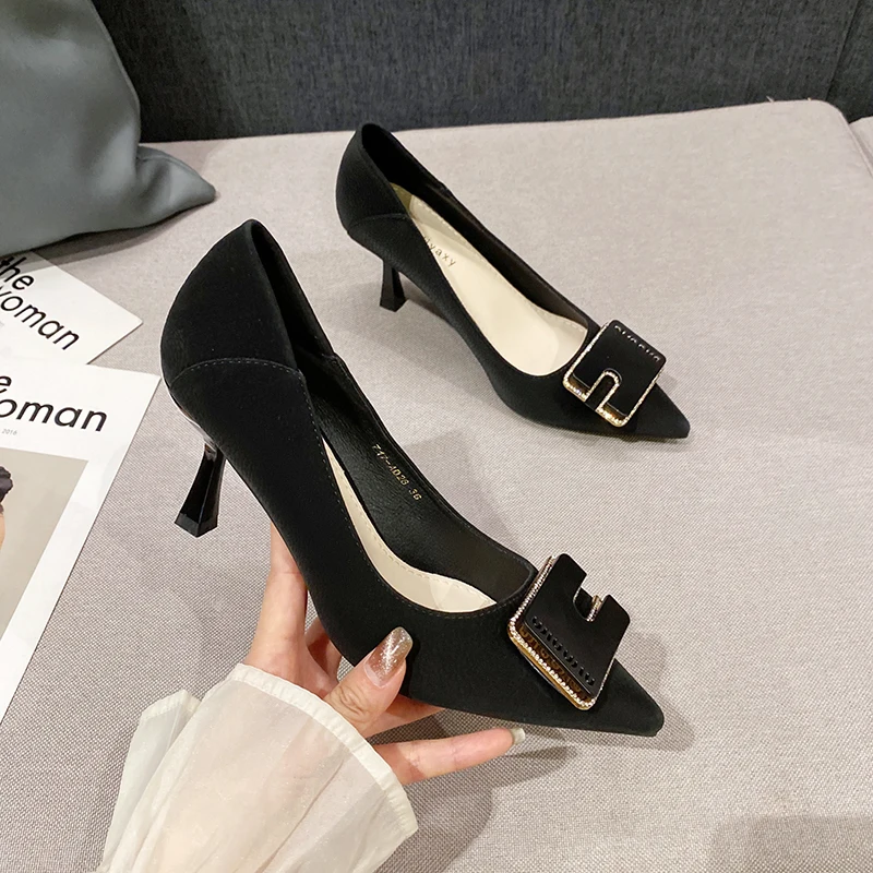 Women's Shoes Fashion Non-slip Square Buckle Bridesmaid Wedding Shoes Solid Color Flocked Pointed Stiletto Heels French Heels