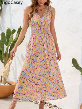 VigoCasey 2025 Summer Female Tied Strap Long Dress Women Sleeveless V Neck Dress Sexy Lady Casual Flower Print Clud Dresses