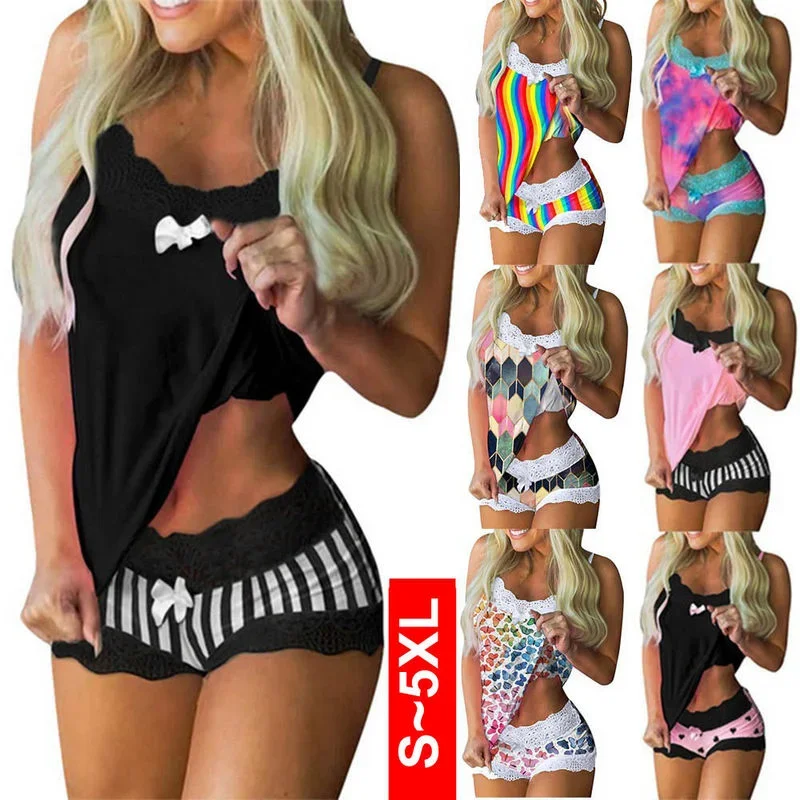Sleepwear Lingerie Set Sexy Sleepwear Set Women Lingerie Set Lace Underwear Cami Vest Shorts Sleeveless Camisole Shorts 5XL Nighties Pajamas