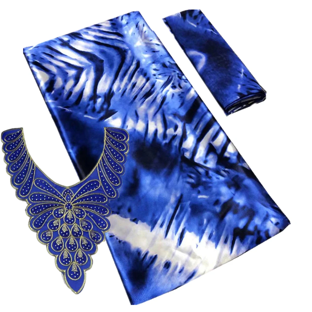 

African Nigerian Satin Fabric and Tulle Scarf and Neck Soft Silk Fabrics for Women Dress, 4 + 2 Yards, 3Pcs Set