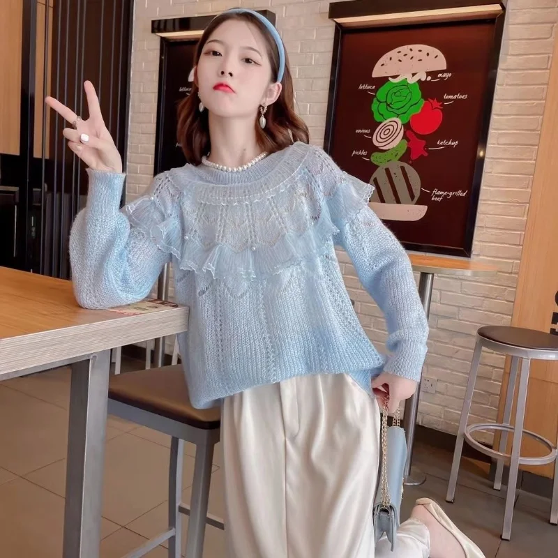 

Early Autumn Pullover Sweater 2023 Design Sense Mesh Splice Ruffle Solid Color Loose Hollow Sweet Knit Sweater Pullover Female