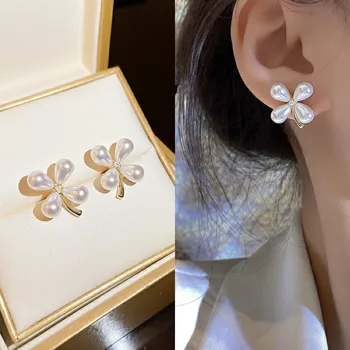 925 Silver Needle Korean Pearl Flower Earrings For Women Jewelry 2025 Trending French Romantic Four Leaf Clover Pearl Earrings