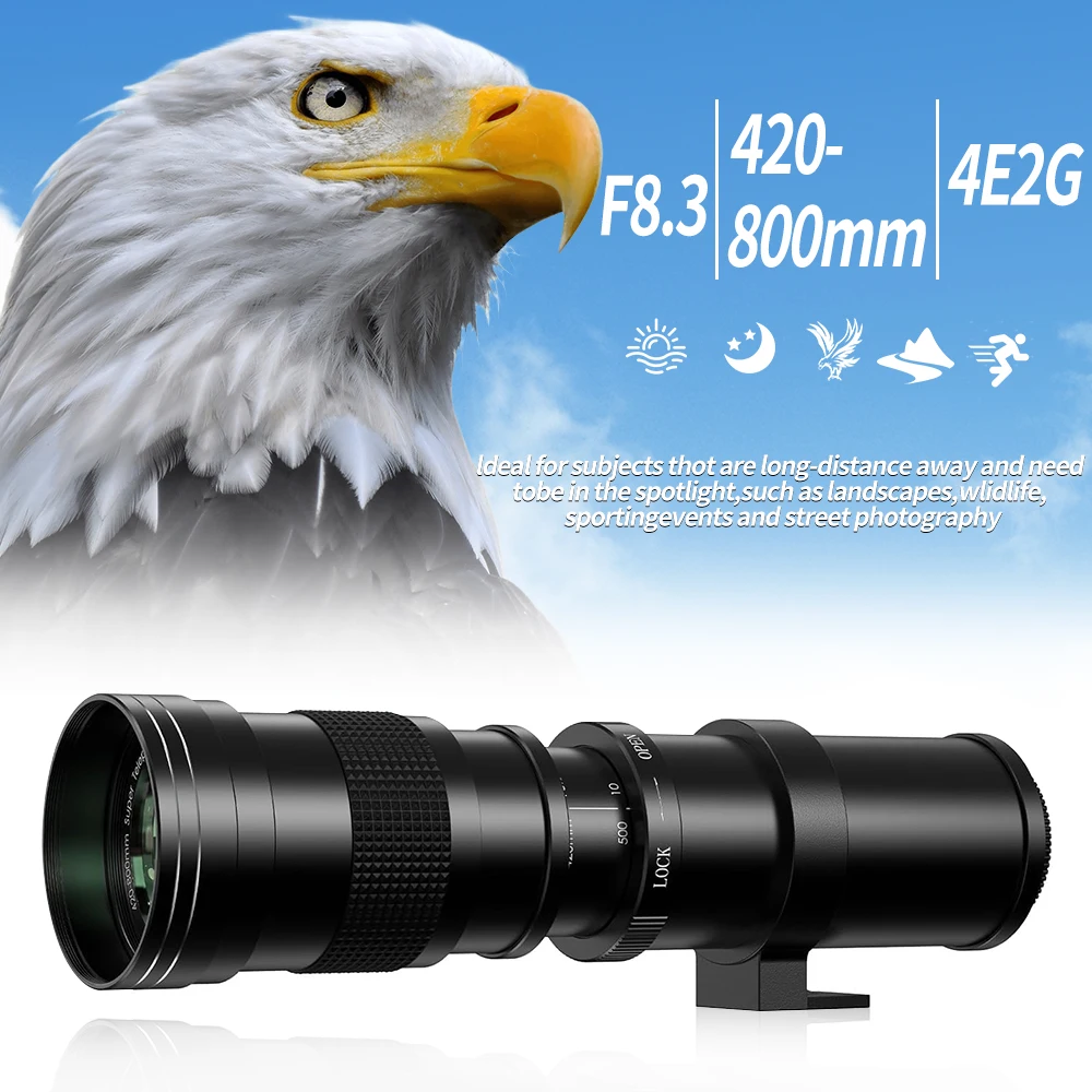 Lightdow 420-800mm F/8.3 Teleobjectief – Handmatige Zoom, Met T-ring, Voor Canon EF-Mount, Volledig Metalen Behuizing