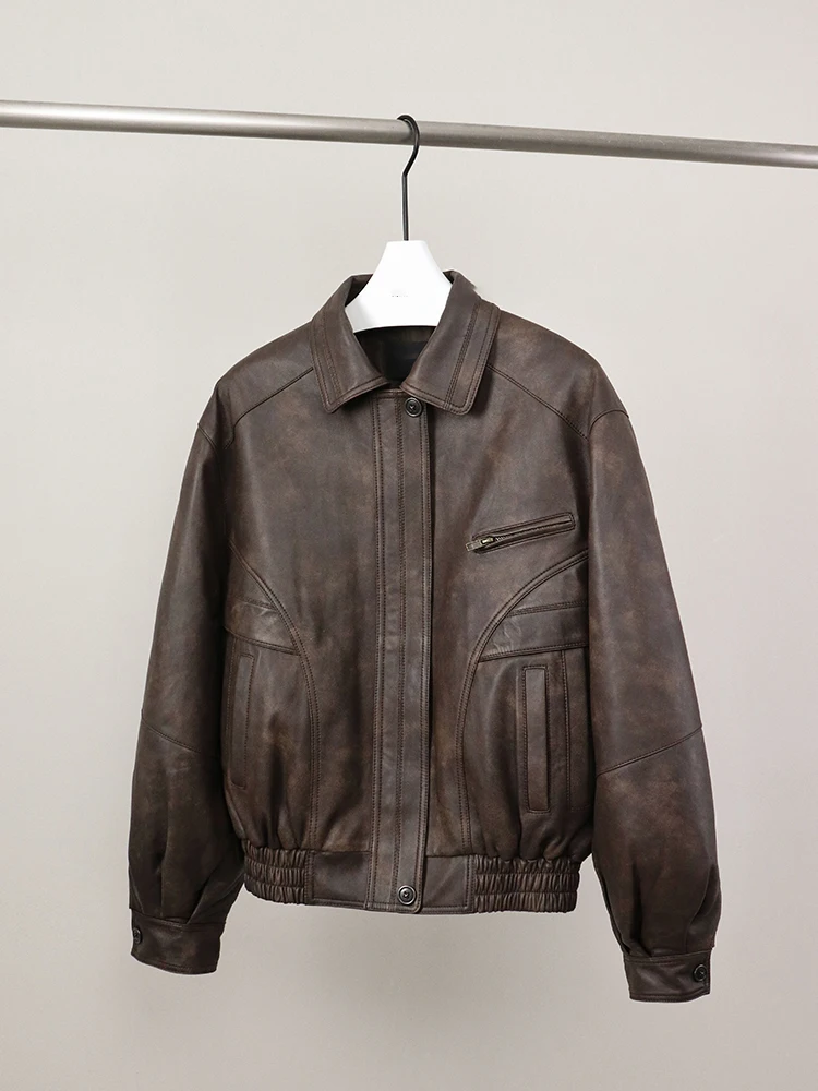Lautaro Spring Autumn Cool Retro Waterproof Distressed Brown Pu Leather Jackets for Women Zipper Maillard Style Clothes 2024