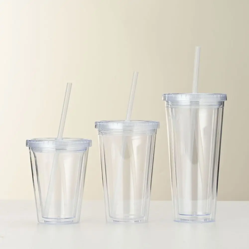 350/450/650ml Clear Tumbler Smoothie Cup Transparent Lid Straw Iced Coffee Cup Plastic Double-Layer Water Bottle Milk