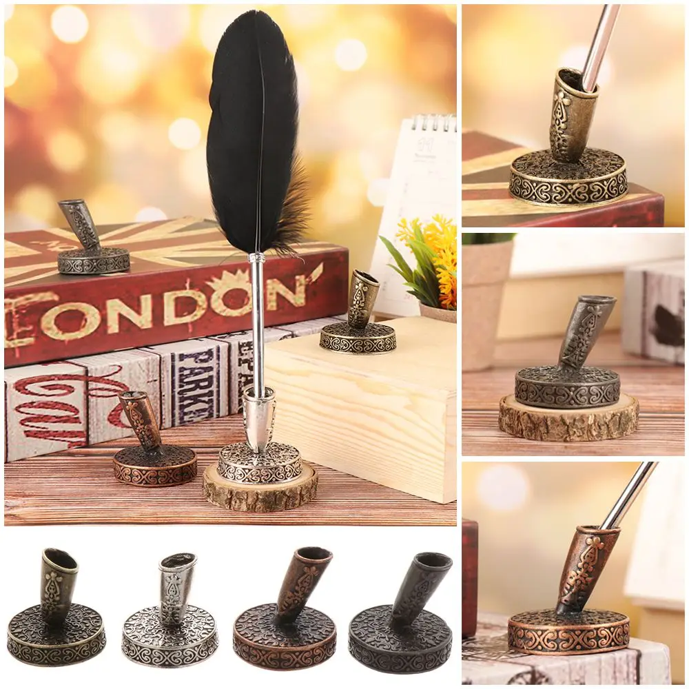 Pen Holder 1 PC Vintage European Style Pen Holder with Metal Round Base for Feather Quill Dip Pens