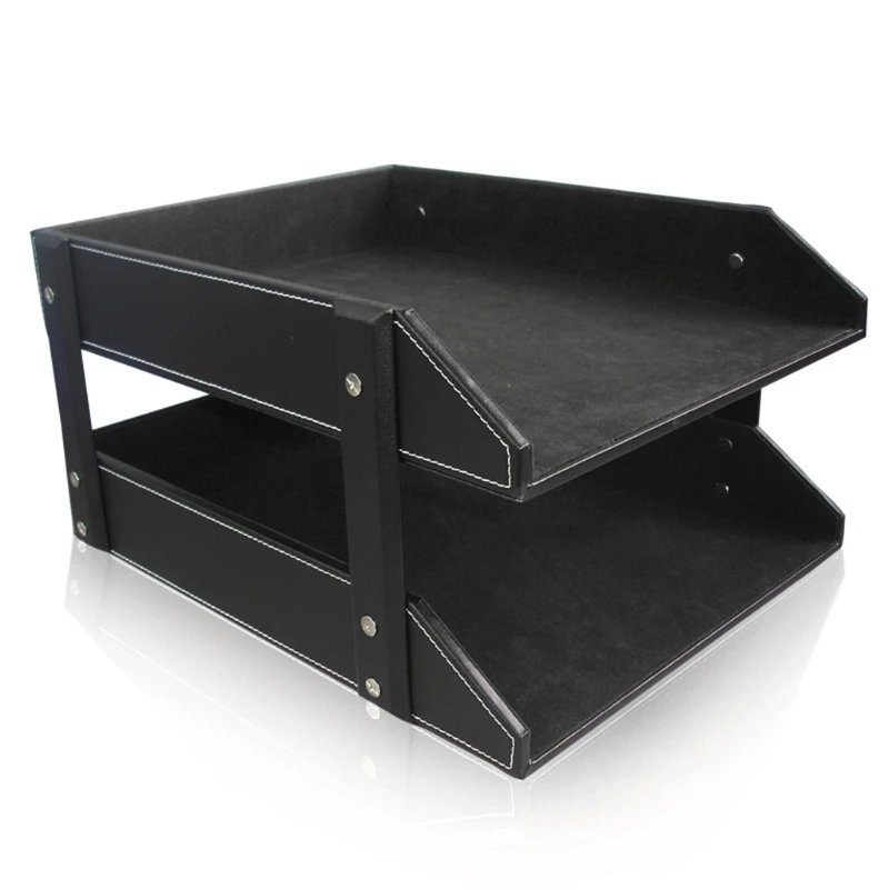 

A4 Document File Organizer Tray Double Layers Desk PU Leather Paper Holder Magazine Rack Storage Holder for Home School Office