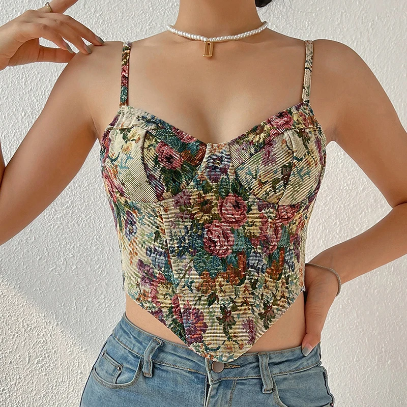 

Women French Vintage Designer Print Halter Crop Tops Y2K Chic Bandage Floral Corset Shirts Sexy Tank Tops Party Club Wear