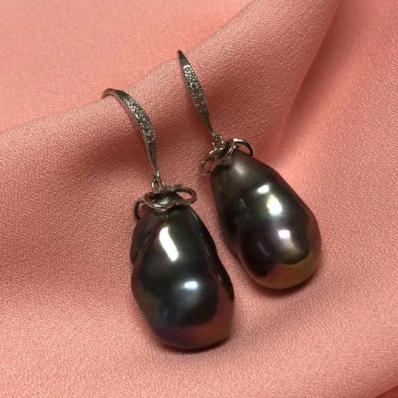 ELEISPL JEWELRY 14x22mm Baroque Black Pearl Dangle Earring Hook #230030-5