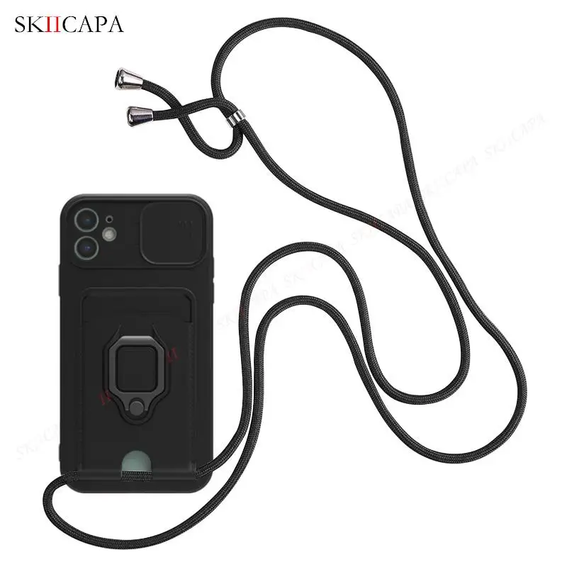 Crossbody Necklace Lanyard Silicone Case with Card Slot & Magnetic Stand Cover