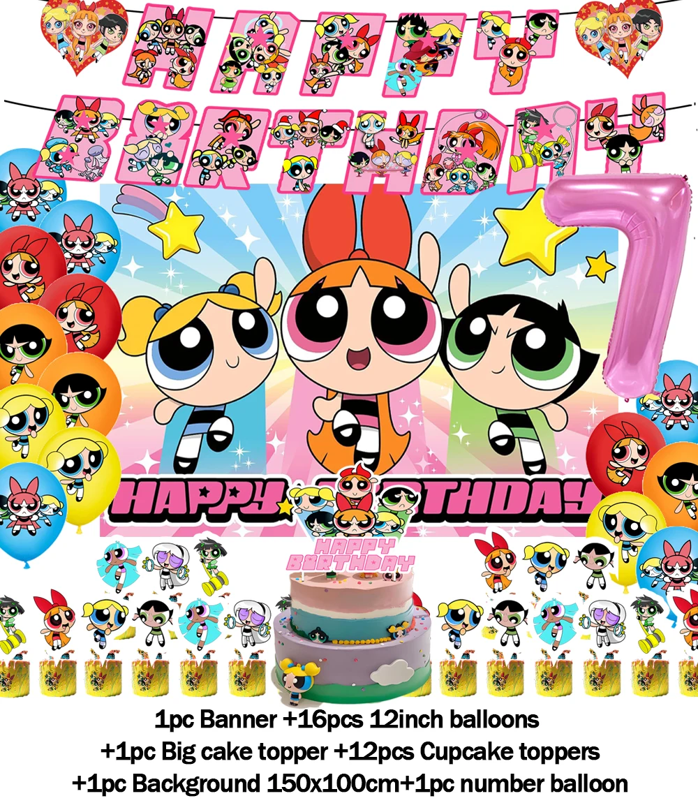 The Powerpuff Girls Geburtstagsparty-Dekorationshintergrund, großäugiger, süßer Kinderhintergrund, Ballonbanner, Babyparty, Kindergeschenkzubehör – Detail 7