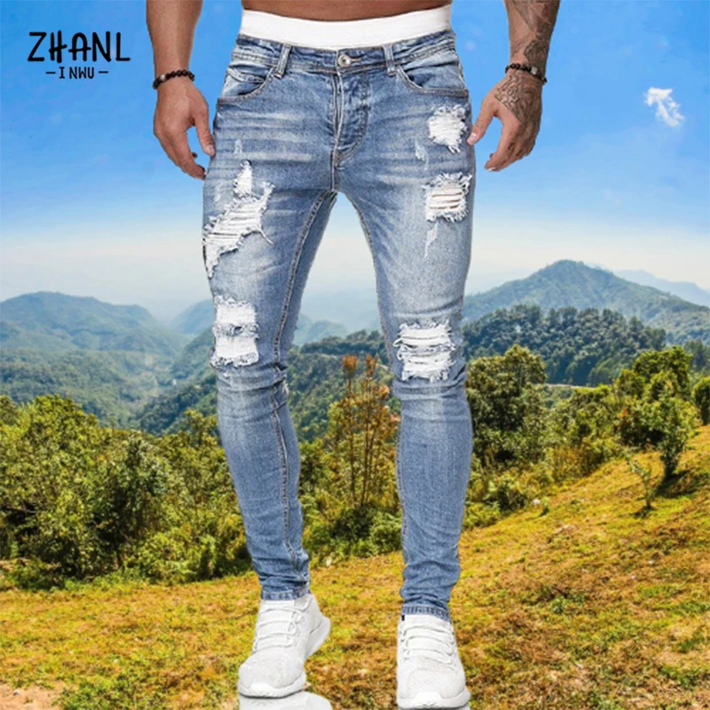 Men's Fashion Ripped Jeans Streetwear Mens Black Jeans Slim Fit