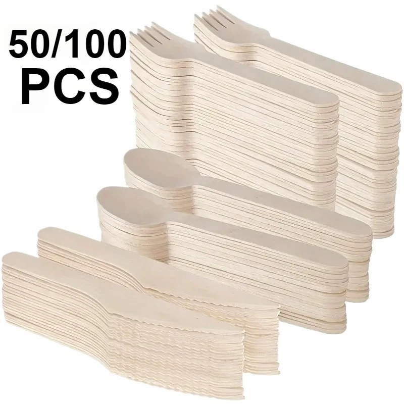 50/100PCS Disposable Wooden Knife Fork Spoon Party Restaurant Outdoor Picnic Fast Food Cake Dessert Biodegradable Tableware Set