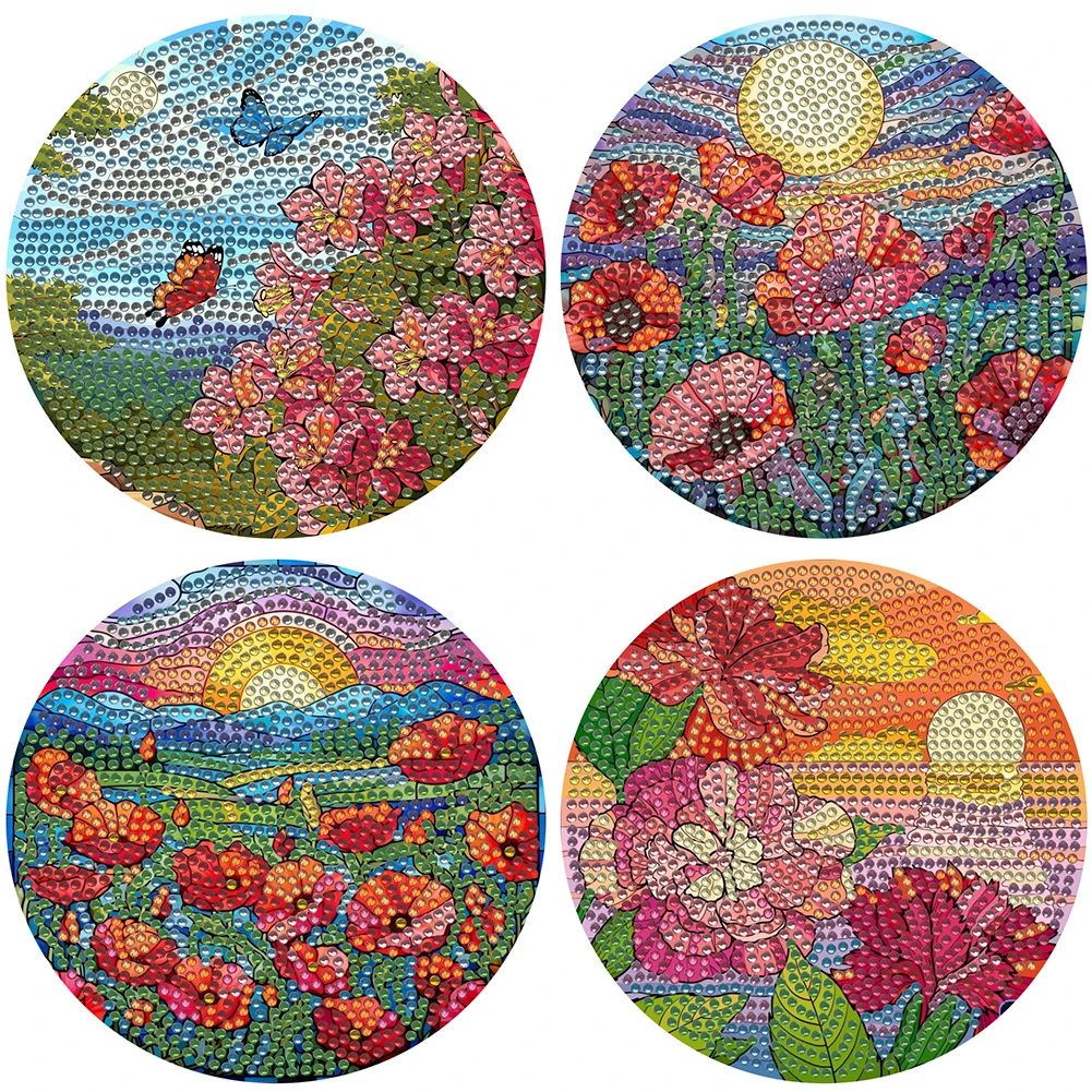 Diamond Crafts Projects Flowers Round Diamond Painting Table Mats Rhinestone Anti-slip Placemat for Home Decor
