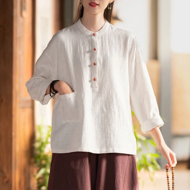 Women Vintage Ethnic Style Cotton Linen Shirts Simple Loose Long Sleeve Blouses Casual O Neck Solid Tops 2024 Spring Blusa Mujer