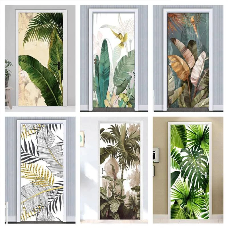 

3d Door Sticker Green Palm Plant Wallpaper Self-adhesive Entrance Home Bedroom Decorative Abstract Lines Scenery Door Poster
