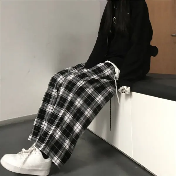 

Lucyever Harajuku Black and White Plaid Pants Women Summer Casual Wide Leg Trousers Teens Hip Hop Unisex Loose Straight Pants