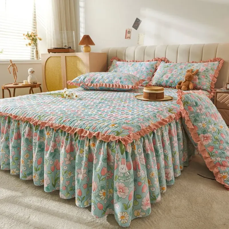 

3pcs Floral Pattern Cotton Bed Skirt Seasonal Universal Thick Bed Sheets Ruffle Edge Skirt Hem Anti Slip Dustproof Bedspread