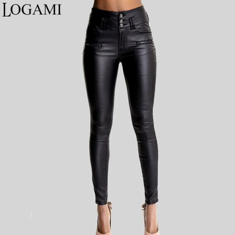 LOGAMI-pantalones de cuero sintético para Sexy, elástico, ceñido, largo, de cintura color negro _ - AliExpress Mobile