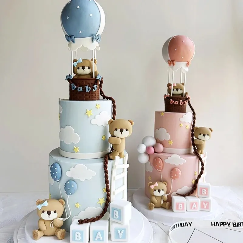 24 Décors De Gâteau Ourson | Toppers Pour Baptême, Baby Shower, Gender Reveal | Bleu Et Rose | Non Comestibles Avec Bâtonnets Papier