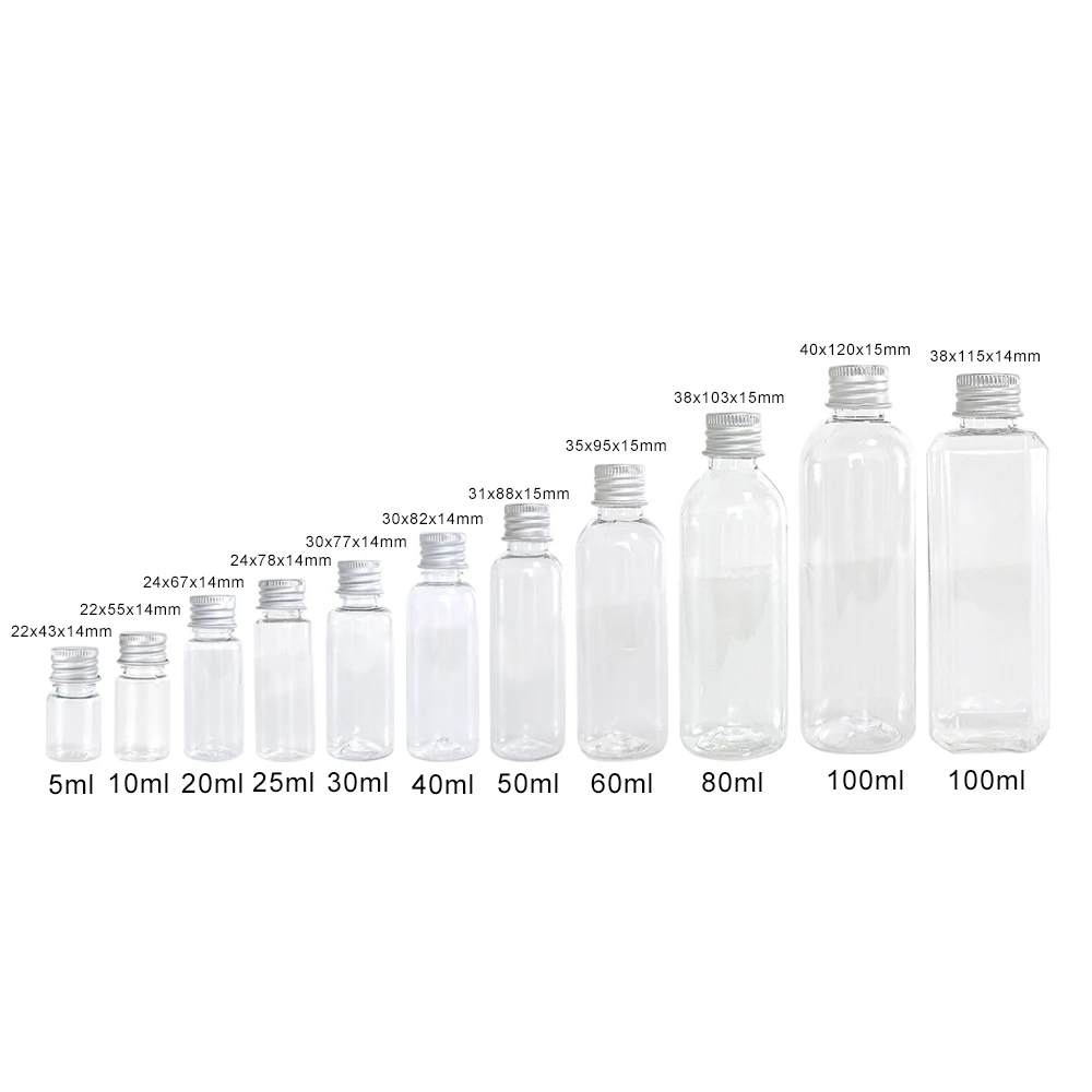 

100Pcs Clear Plastic Bottles Travel Kit Refillable PET 5ml to 100ml Portable Jars With Aluminium Screw Cap Leakage Proof Healthy