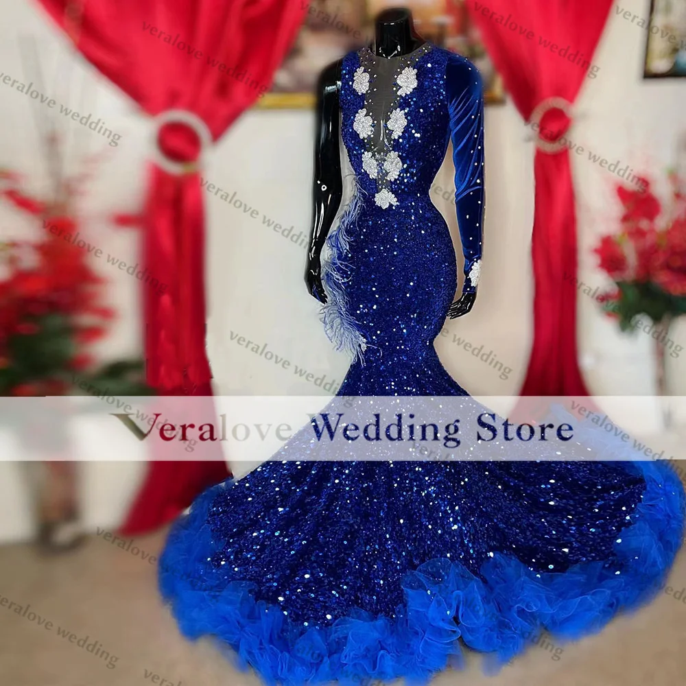 Sequins Sparkly Prom Dress With Ruffles 2k22 Long Sleeves Royal Blue Evening Gowns Black Girls Graduation Party Dress