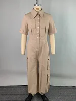 Women's Cotton Blend Cargo Jumpsuit 2026 New Short Sleeves Buttoned Pockets High Waist Wide Leg Workwear Romper - Image 4