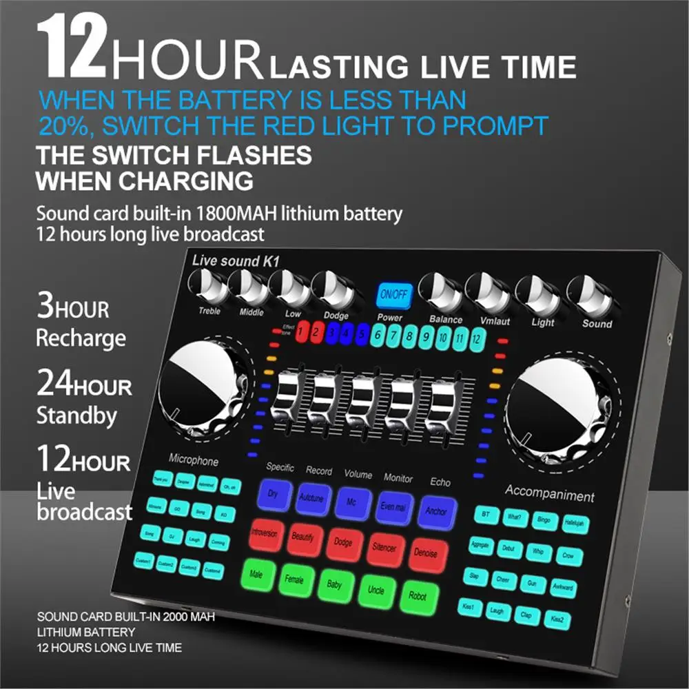 K1 Audio Mixer Live Sound Card Voice Changer Karaoke for Broadcast Recording KTV Music Audio Multifunctional Live Sound Card