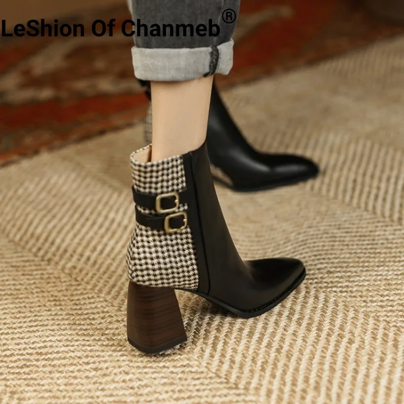 

LeShion Of Chanmeb Women Real Leather Boots French Retro Plaid Dual-buckle Ankle Boot Thick High Heeled Woman Zipper Shoes 33-40