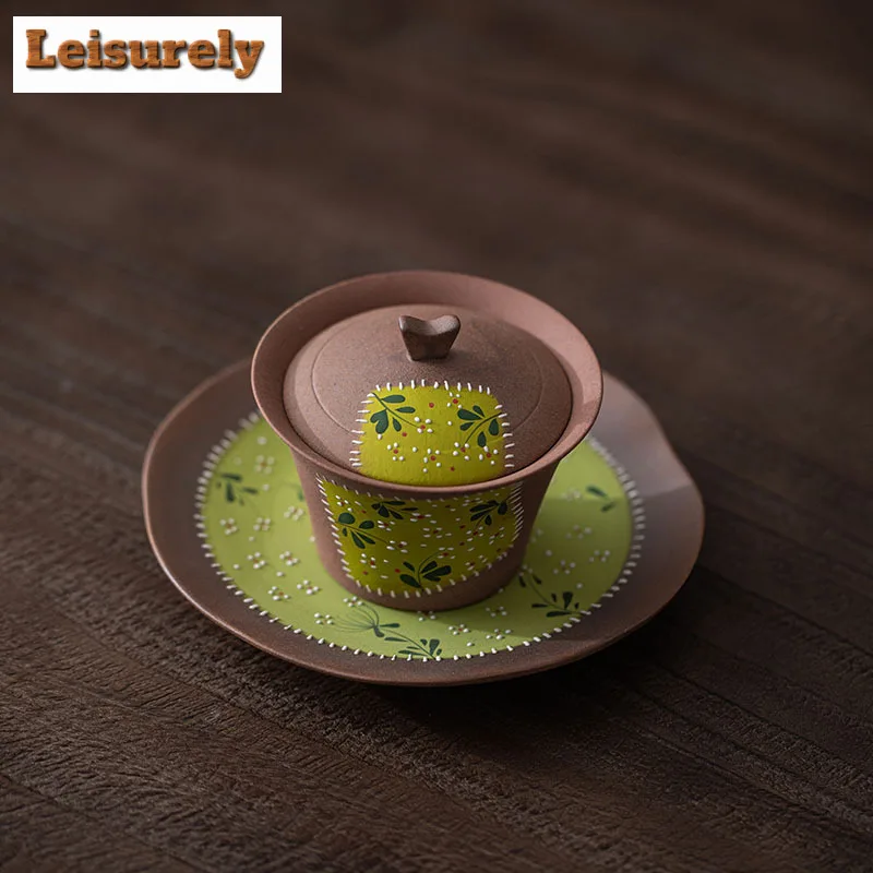 Hand-painted Daisy Patchwork Old Rock Clay Gaiwan Creative Tea Tureen Tea Bowl With Lid Kit Tea Brewing Cover Bowl Teaset Craft
