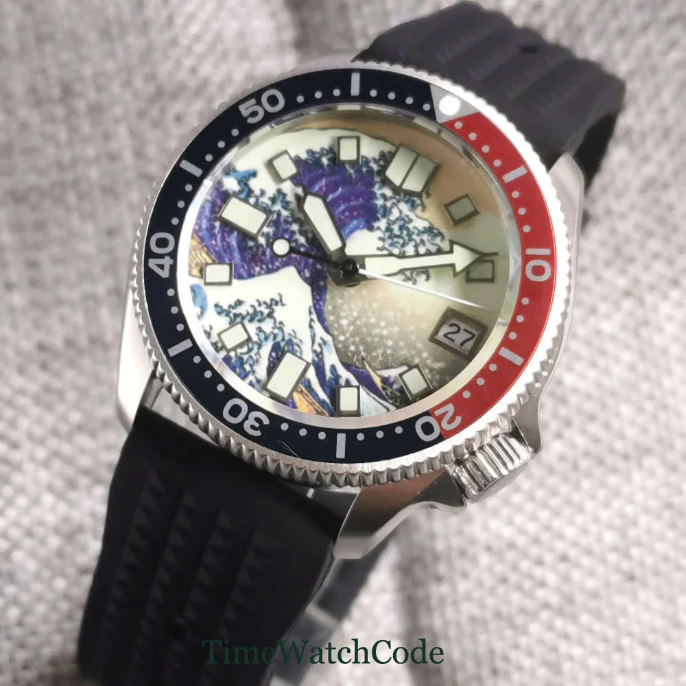37mm Automatic Men's Watch NH35A Movement Sapphire Crystal Aluminum Bezel Rubber Strap Full Luminous Kanagawa Dial Date 316L