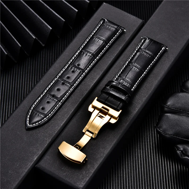 Premium Genuine Leather Watchband with Butterfly Buckle - Elegant Men's Strap Accessory