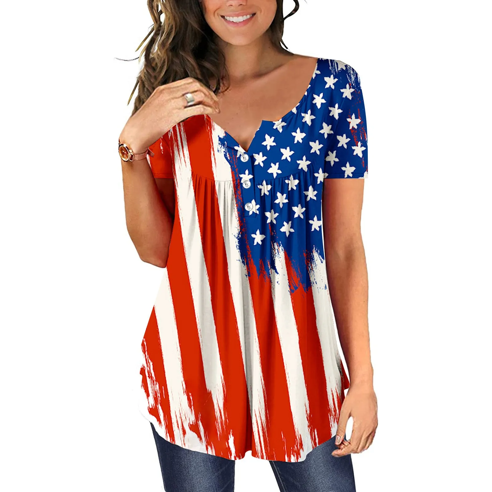 

Womens Long Top Summer Women Short Sleeve V Neck Floral Printed Buttons Up T High Neck Sweatshirt Womens Active Wear Short