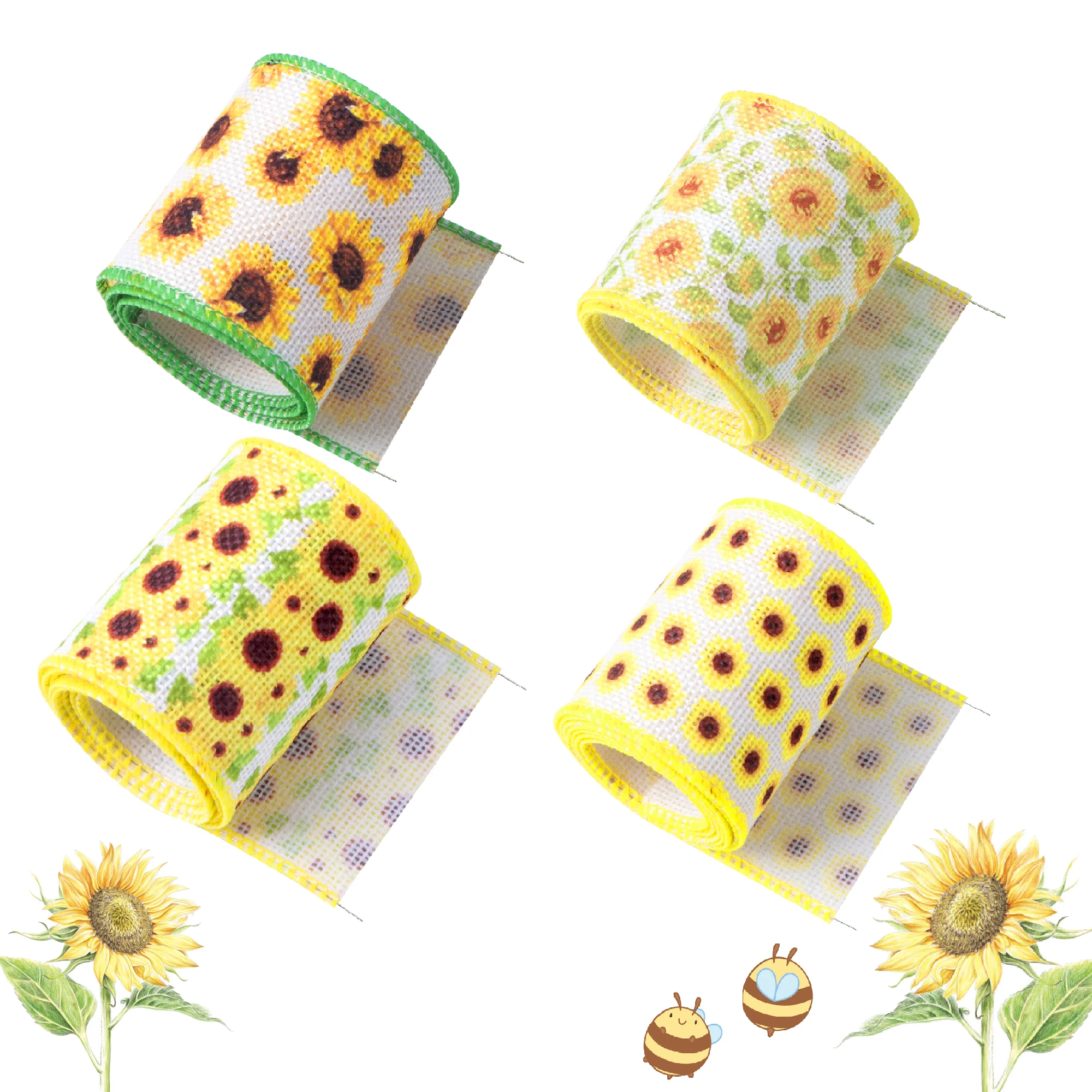 

5 ярдов, 4 рулона, 63 мм, лента с окантовкой в виде подсолнуха, льняная лента с цветочным принтом, венок «сделай сам», банты для шитья, 1Yc24233