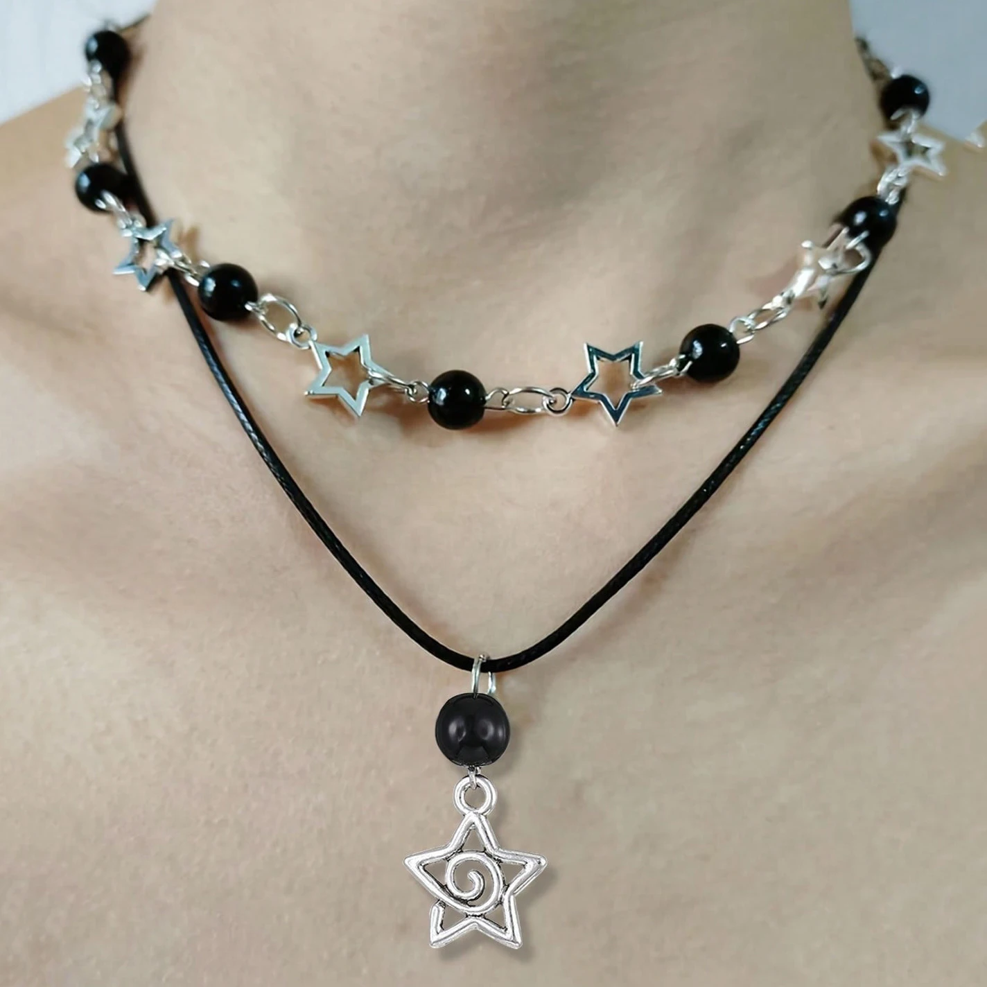 2-teilige elegante Y2K-Pentagramm- und Perlen-Layered-Halskette – schickes Party-Accessoire und perfektes Geburtstagsgeschenk für die Modebewusste