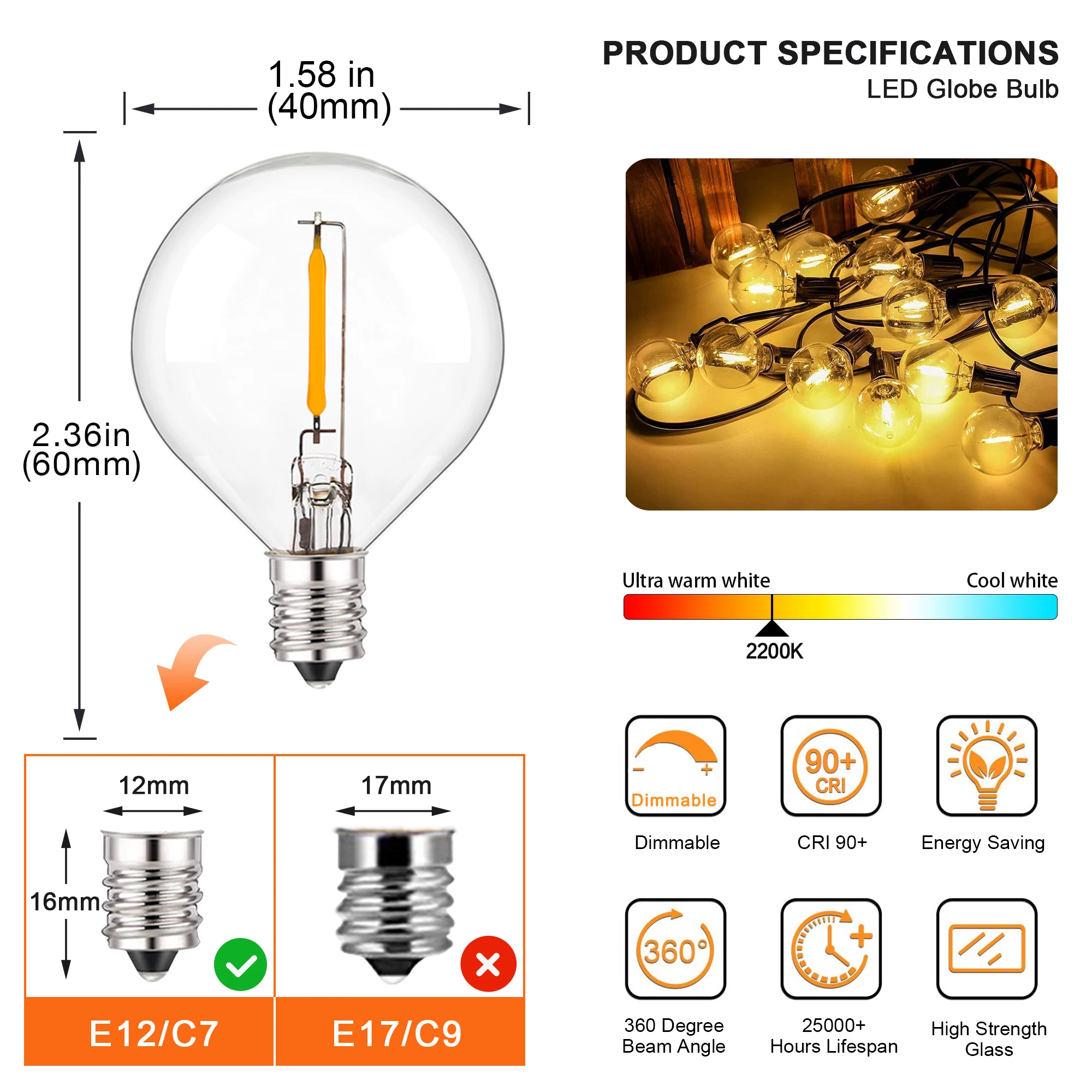5 Lampadine LED G40 Edison E12 – Bianco Caldo 2700K, 1W, Infrangibili In Plastica, Per Luci Da Esterno A Stringa, Sostitutive