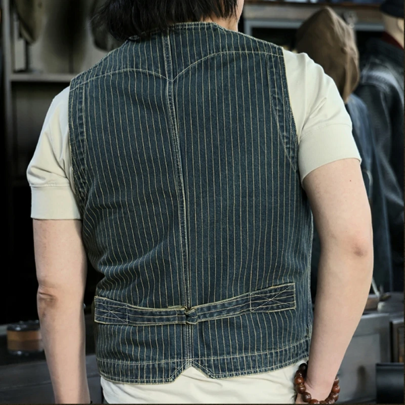 Men's Striped Denim Vest V-neck Slim Fit Western Classic Style Waistcoat 3
